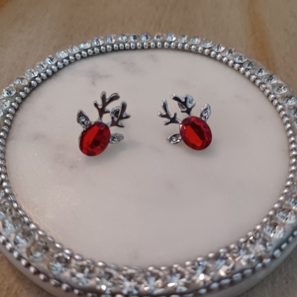 Red Silver Rhinestone Crystal Reindeer Stud Earrings - Picture 3 of 4